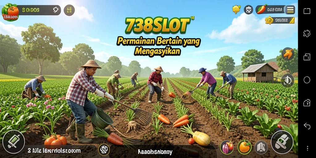 Tampilan gameplay 738SLOT dengan ladang subur dan karakter menawan.