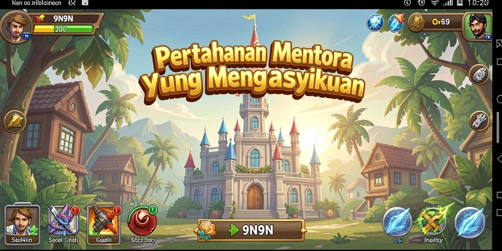 Screenshot gameplay 9N9N menampilkan pertahanan menara yang strategis.