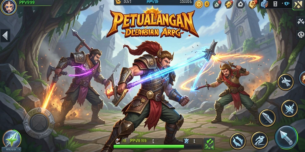 Tangkapan layar gameplay menampilkan karakter bertarung melawan monster di dunia fantasi.