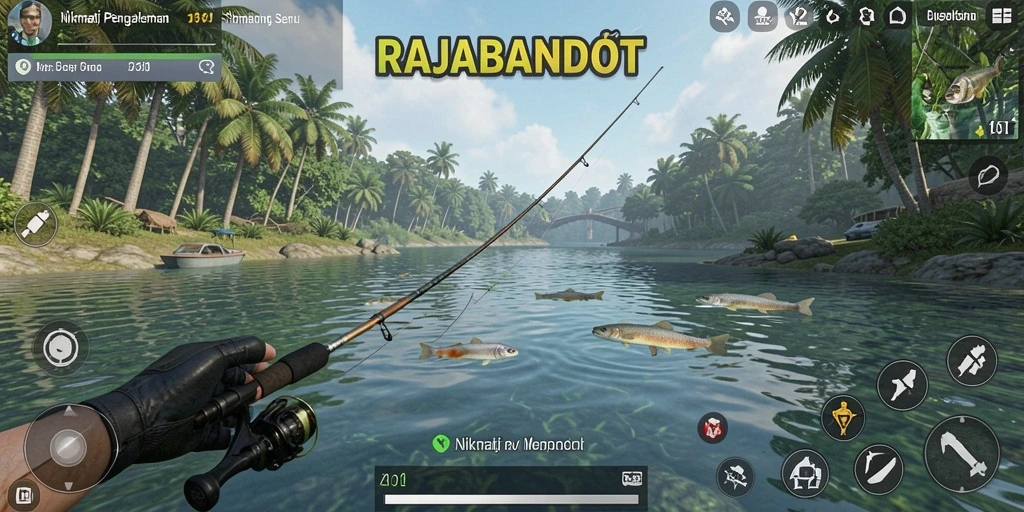 Tampilan gameplay <strong>RAJABANDOT</strong> yang menggambarkan aksi memancing seru.