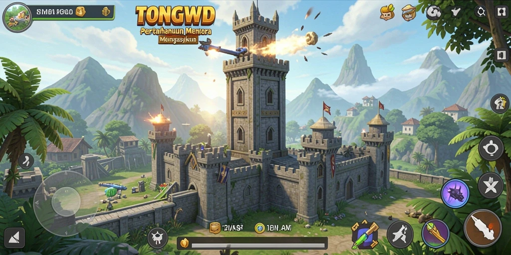 Screenshot menunjukkan pertarungan menara yang intens dan strategis.