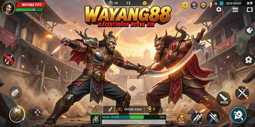 Screenshot utama WAYANG88 menunjukkan aksi pertempuran seru dalam mode Battle Royale.